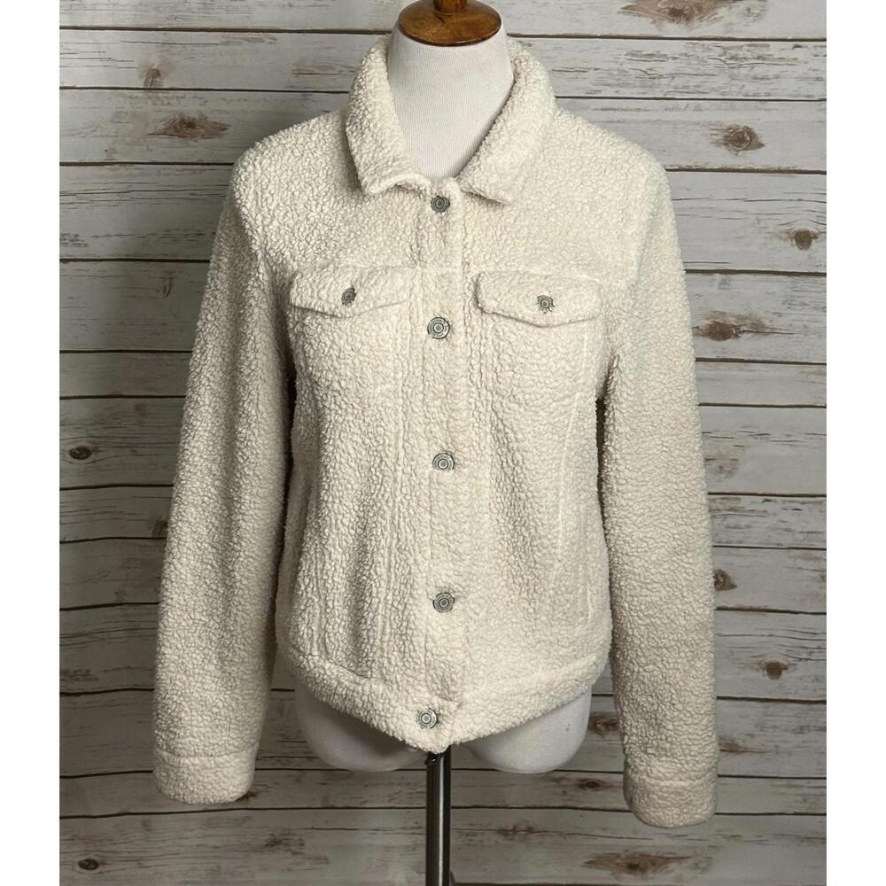 Mudd beige long sleeve sherpa/faux fur button-down trucker jacket Size Large